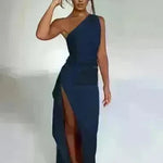 Sexy One-shoulder Backless Split Dress Summer Elegant Slim-fit Solid Color Satin Dresses For Women - EX-STOCK CANADA