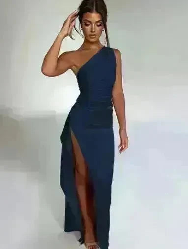 Sexy One-shoulder Backless Split Dress Summer Elegant Slim-fit Solid Color Satin Dresses For Women - EX-STOCK CANADA