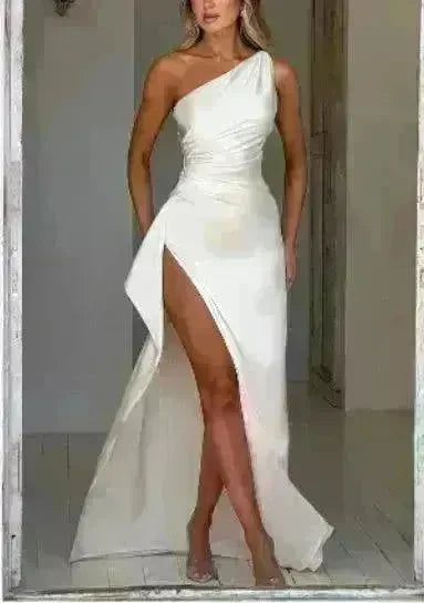 Sexy One-shoulder Backless Split Dress Summer Elegant Slim-fit Solid Color Satin Dresses For Women - EX-STOCK CANADA