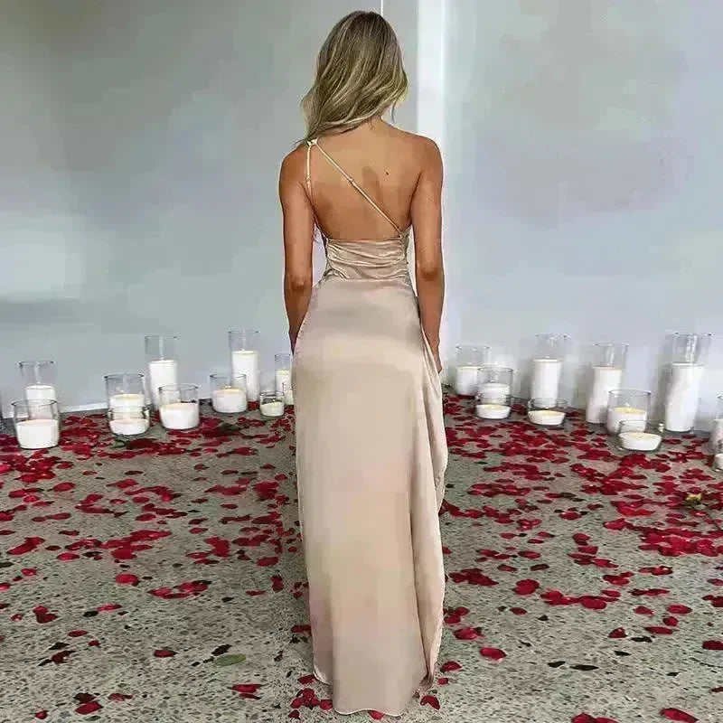 Sexy One-shoulder Backless Split Dress Summer Elegant Slim-fit Solid Color Satin Dresses For Women - EX-STOCK CANADA