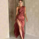 Sexy One-shoulder Backless Split Dress Summer Elegant Slim-fit Solid Color Satin Dresses For Women - EX-STOCK CANADA