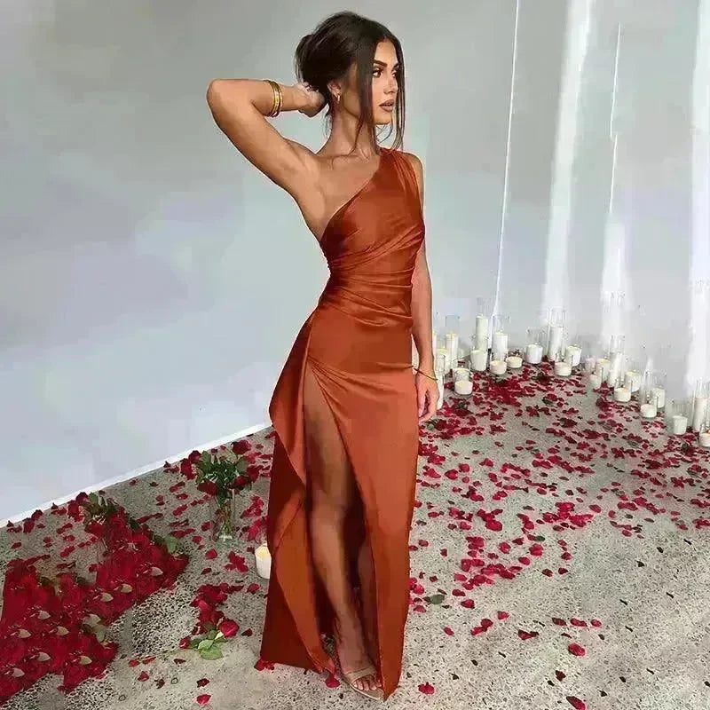 Sexy One-shoulder Backless Split Dress Summer Elegant Slim-fit Solid Color Satin Dresses For Women - EX-STOCK CANADA