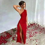 Sexy One-shoulder Backless Split Dress Summer Elegant Slim-fit Solid Color Satin Dresses For Women - EX-STOCK CANADA