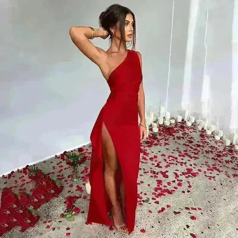 Sexy One-shoulder Backless Split Dress Summer Elegant Slim-fit Solid Color Satin Dresses For Women - EX-STOCK CANADA