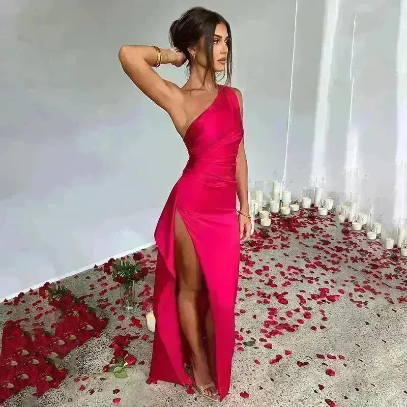 Sexy One-shoulder Backless Split Dress Summer Elegant Slim-fit Solid Color Satin Dresses For Women - EX-STOCK CANADA