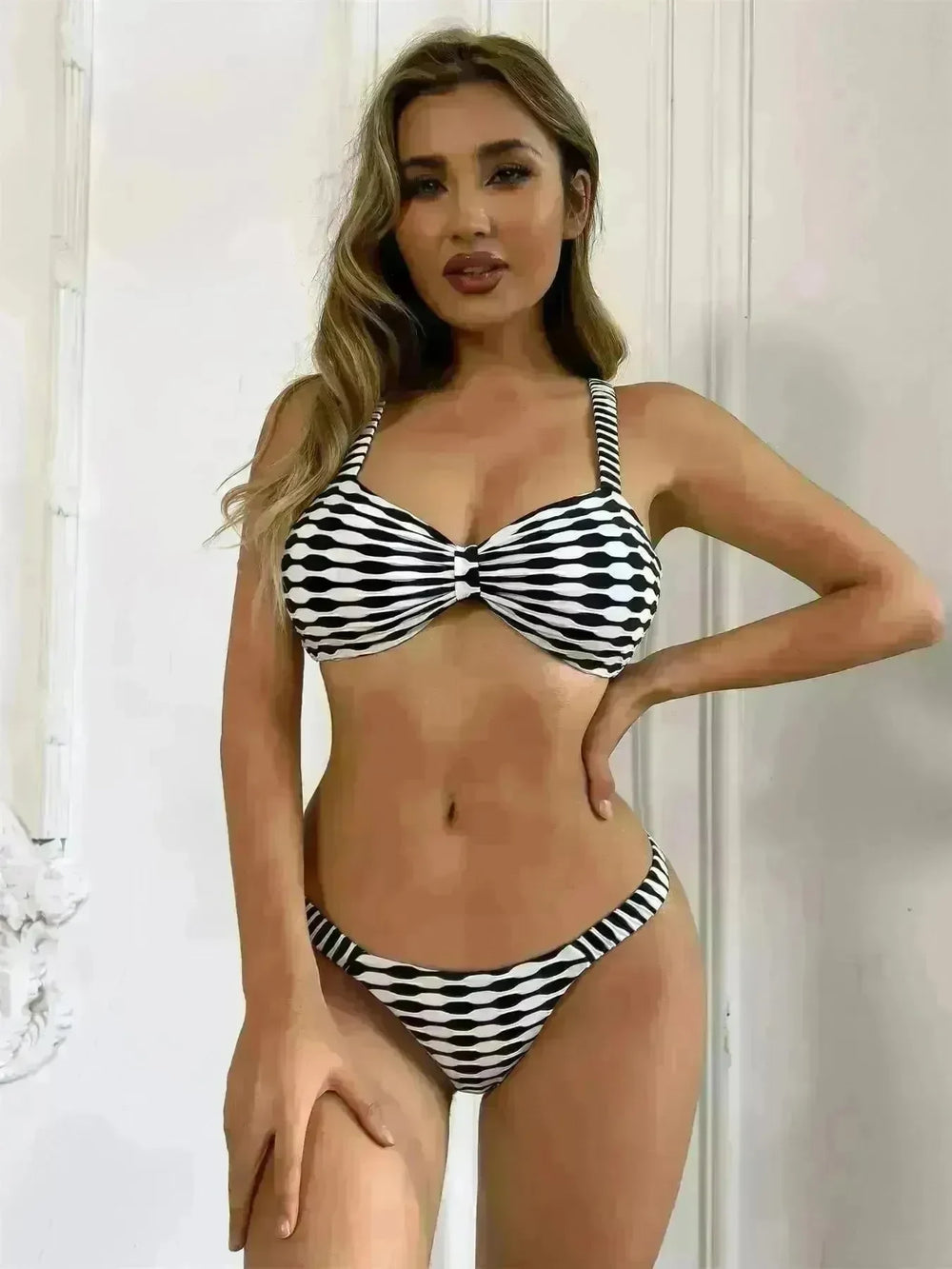 Sexy Striped Print Bikini Summer Beach Swimsuit Set Womens Clothing - EX-STOCK CANADA