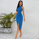 Shiny Stand Collar Formal Dress Slim Fit Sexy Slit Irregular Dress - EX-STOCK CANADA