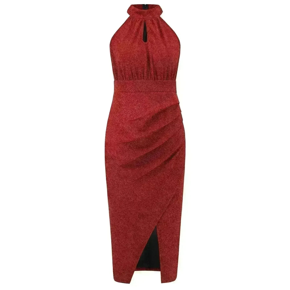 Shiny Stand Collar Formal Dress Slim Fit Sexy Slit Irregular Dress - EX-STOCK CANADA