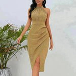 Shiny Stand Collar Formal Dress Slim Fit Sexy Slit Irregular Dress - EX-STOCK CANADA