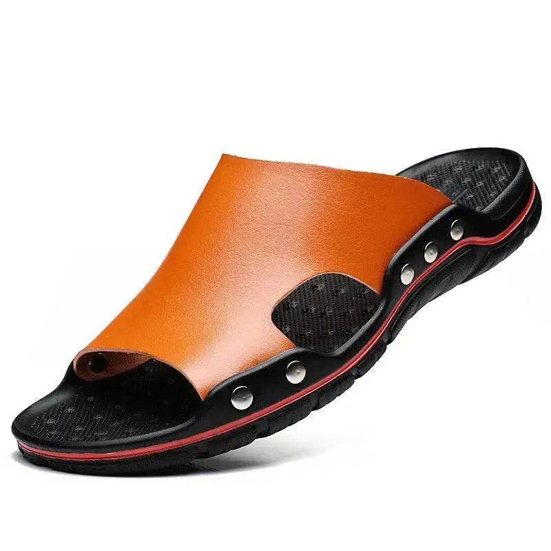 Slippers Men's Summer Leather Word Casual Tide Sandals Men's Non-slip Leather New Sandals Outer Wear Large Size Beach Shoes - EX-STOCK Canada