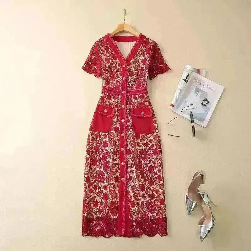 Small V-neck Metal Single-breasted Water Soluble Slim Fit Dress - EX-STOCK CANADA