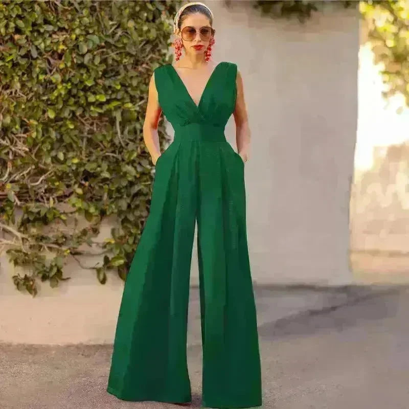 Solid Color And V-neck High Waist Wide Leg Jumpsuit - EX-STOCK CANADA