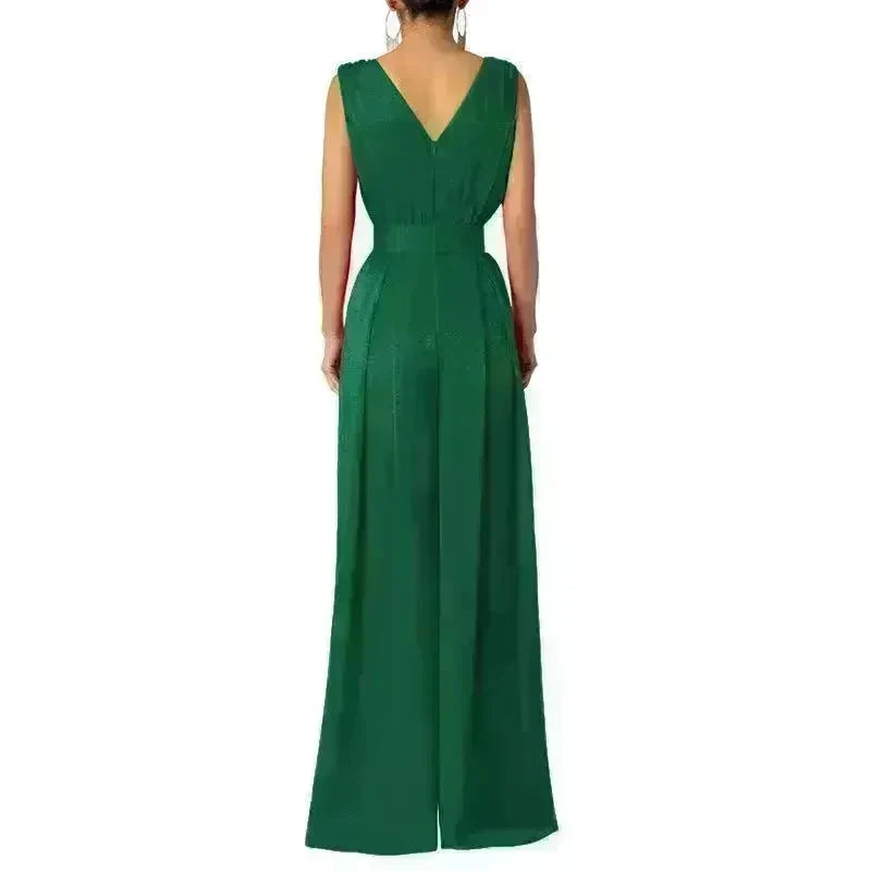 Solid Color And V-neck High Waist Wide Leg Jumpsuit - EX-STOCK CANADA