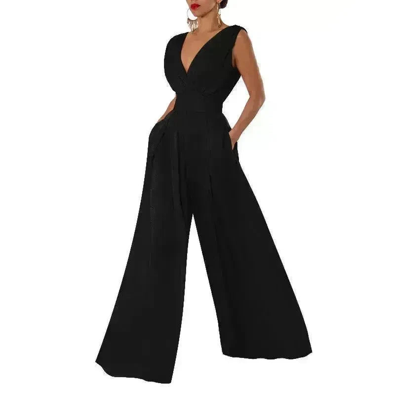 Solid Color And V-neck High Waist Wide Leg Jumpsuit - EX-STOCK CANADA