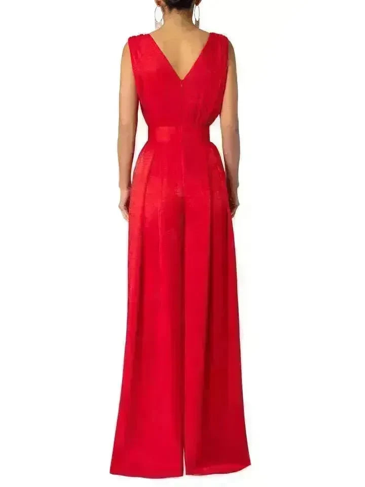 Solid Color And V-neck High Waist Wide Leg Jumpsuit - EX-STOCK CANADA