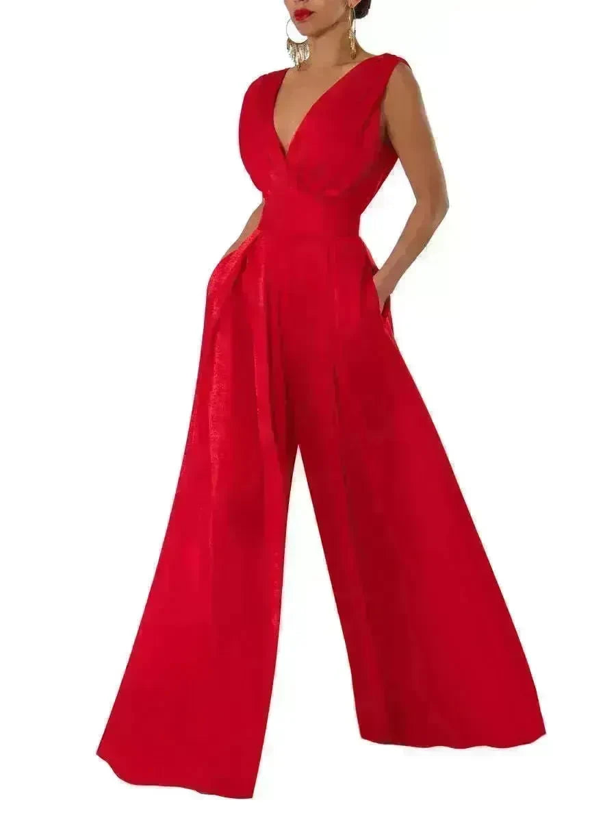 Solid Color And V-neck High Waist Wide Leg Jumpsuit - EX-STOCK CANADA