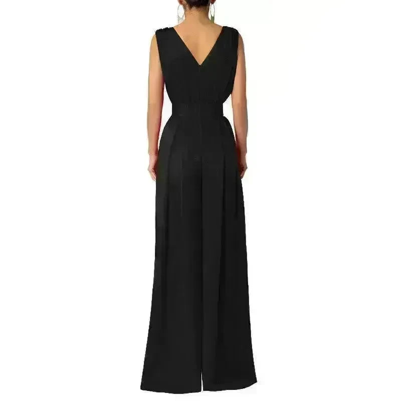 Solid Color And V-neck High Waist Wide Leg Jumpsuit - EX-STOCK CANADA