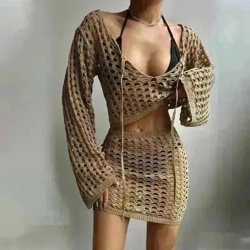 Solid Color Knitted Stand-up Collar Bikini Swimsuit Blouse Suit - EX-STOCK CANADA
