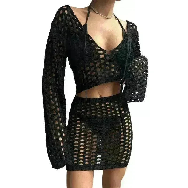 Solid Color Knitted Stand-up Collar Bikini Swimsuit Blouse Suit - EX-STOCK CANADA