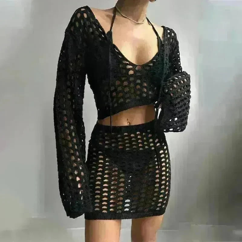 Solid Color Knitted Stand-up Collar Bikini Swimsuit Blouse Suit - EX-STOCK CANADA