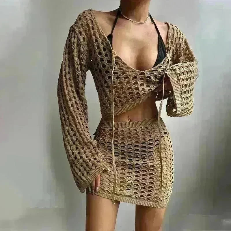 Solid Color Knitted Stand-up Collar Bikini Swimsuit Blouse Suit - EX-STOCK CANADA