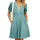 Solid Color Lace V-neck Patchwork Short Sleeve Pocket Waist Dress - EX-STOCK CANADA