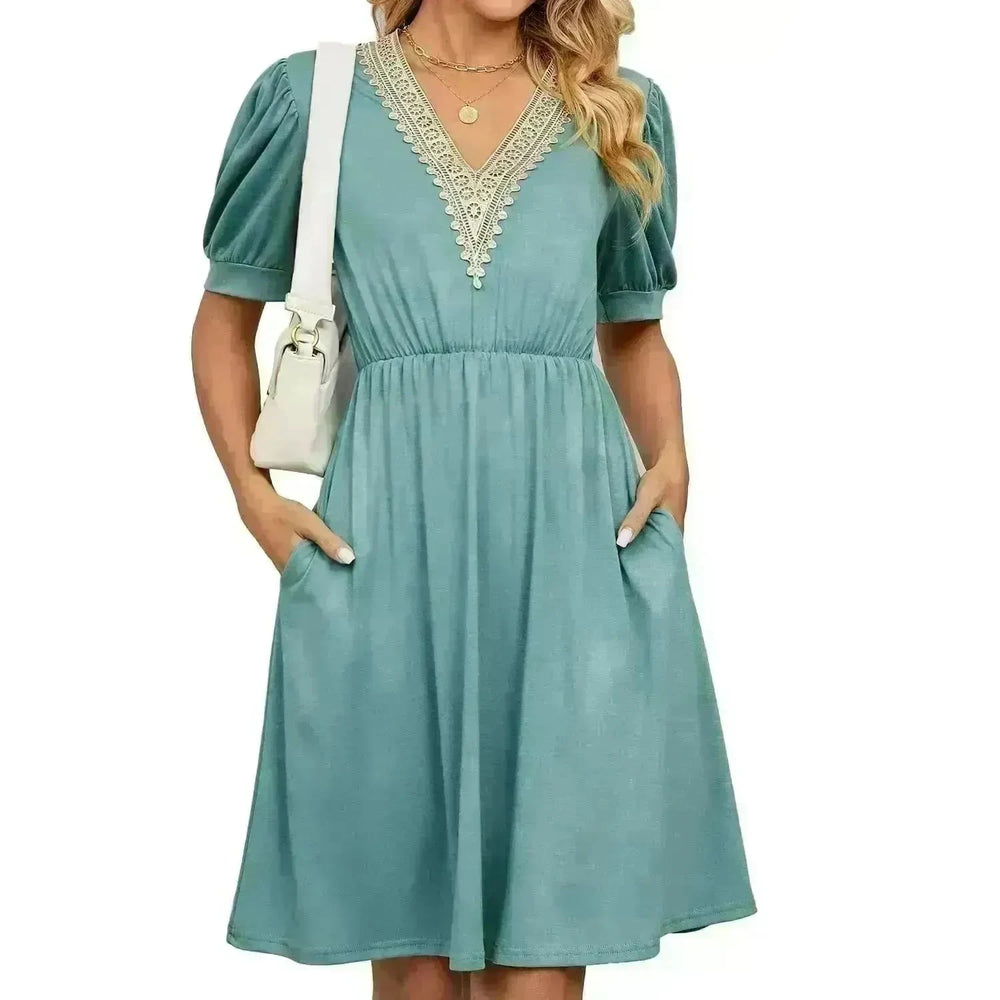 Solid Color Lace V-neck Patchwork Short Sleeve Pocket Waist Dress - EX-STOCK CANADA