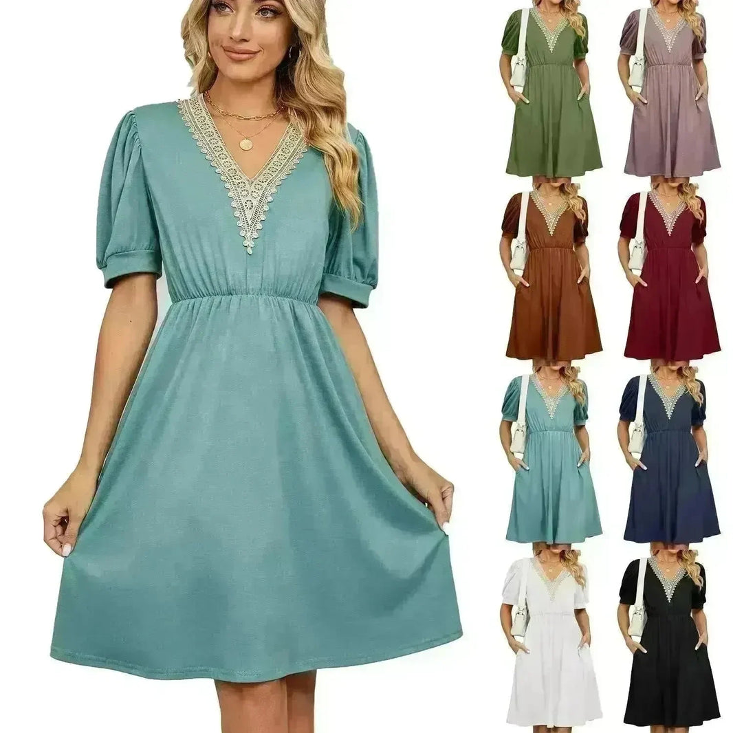 Solid Color Lace V-neck Patchwork Short Sleeve Pocket Waist Dress - EX-STOCK CANADA