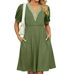 Solid Color Lace V-neck Patchwork Short Sleeve Pocket Waist Dress - EX-STOCK CANADA