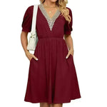 Solid Color Lace V-neck Patchwork Short Sleeve Pocket Waist Dress - EX-STOCK CANADA