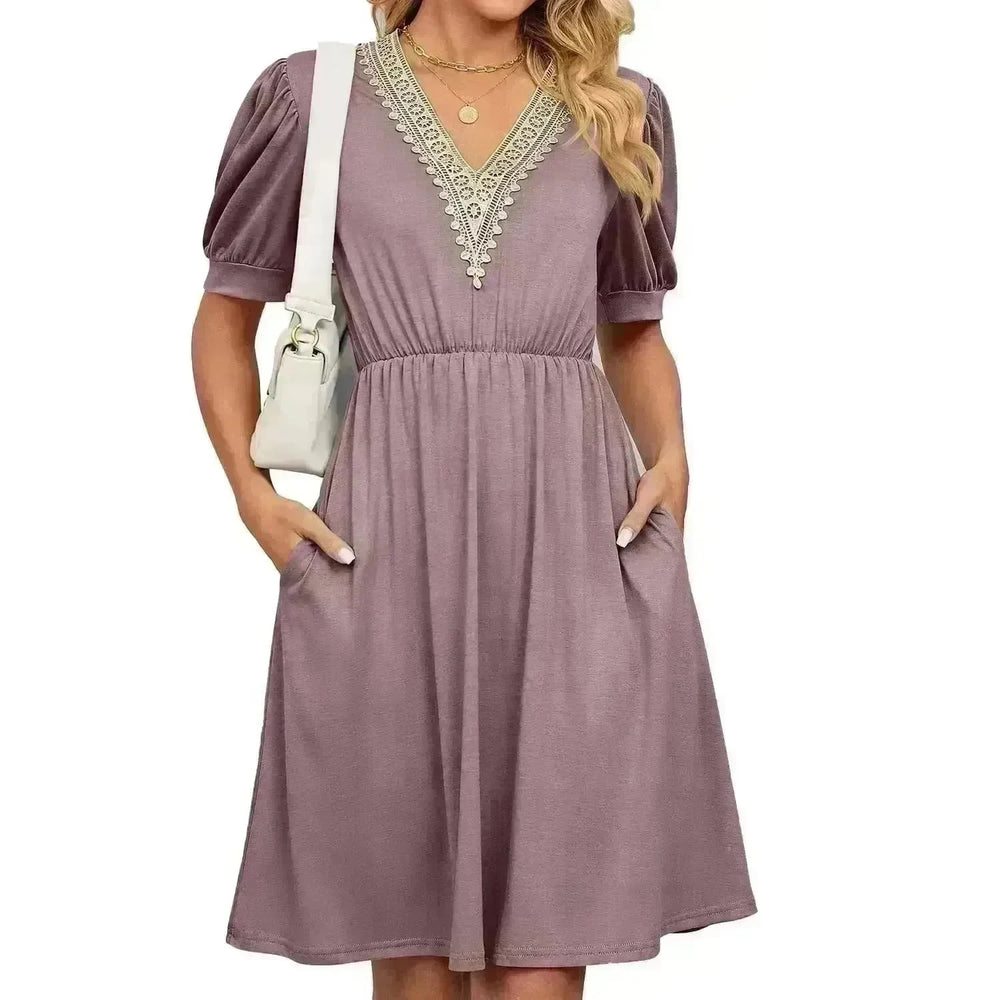 Solid Color Lace V-neck Patchwork Short Sleeve Pocket Waist Dress - EX-STOCK CANADA