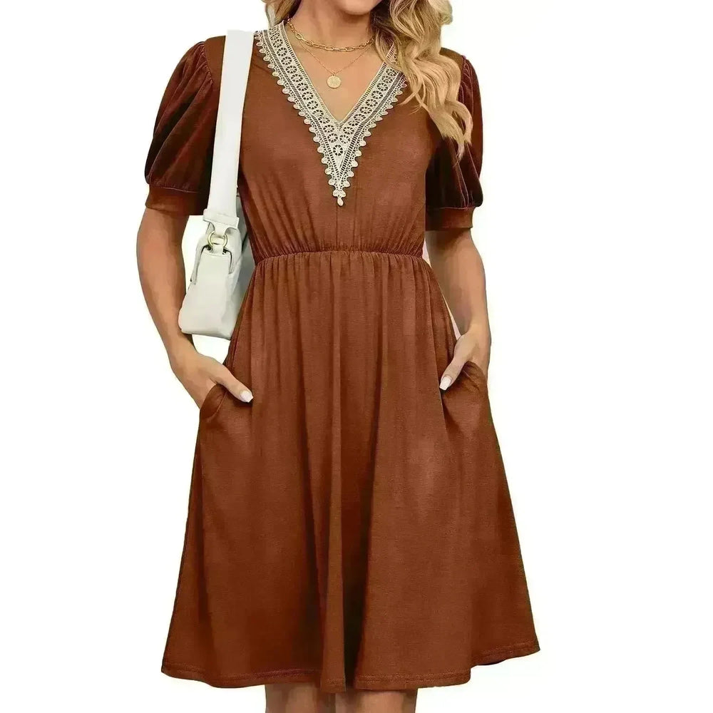Solid Color Lace V-neck Patchwork Short Sleeve Pocket Waist Dress - EX-STOCK CANADA