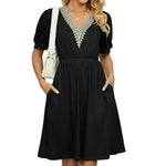 Solid Color Lace V-neck Patchwork Short Sleeve Pocket Waist Dress - EX-STOCK CANADA