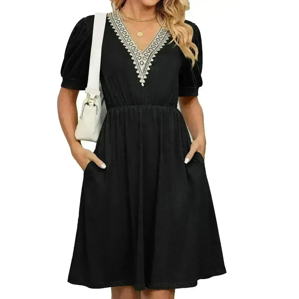 Solid Color Lace V-neck Patchwork Short Sleeve Pocket Waist Dress - EX-STOCK CANADA