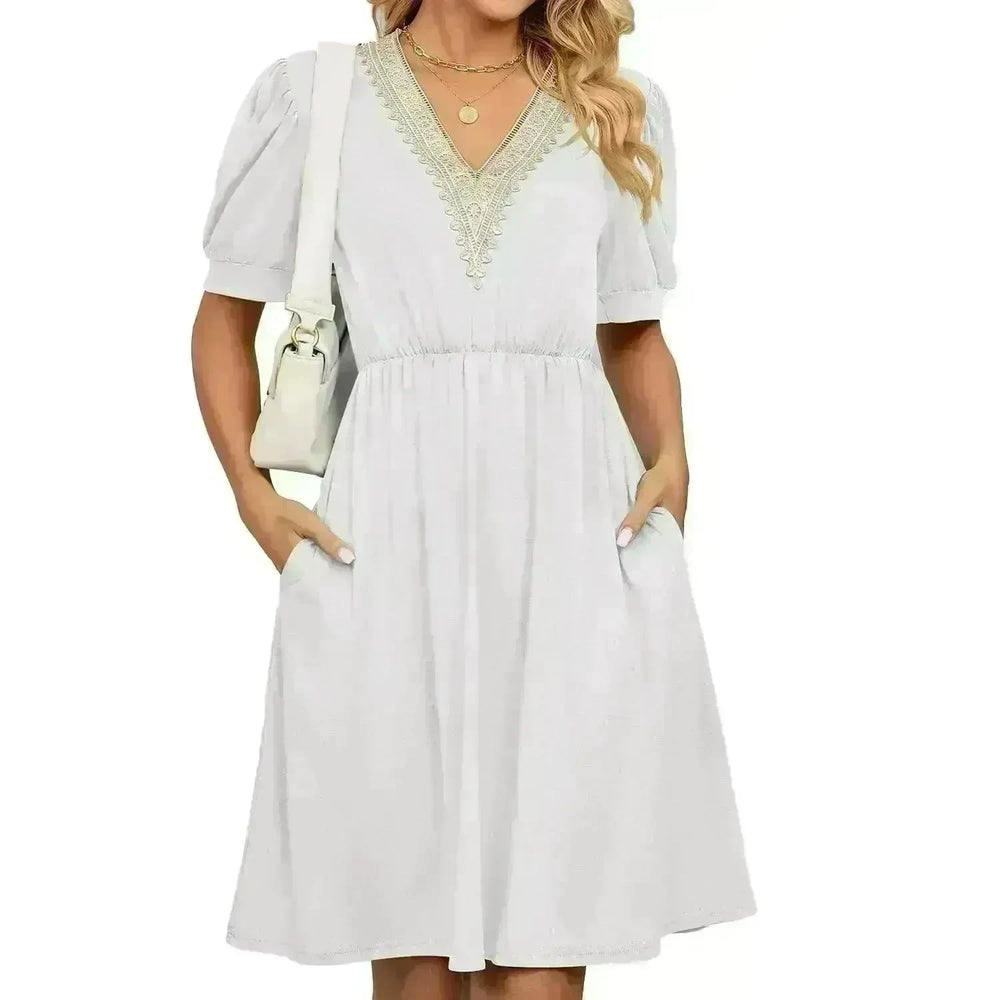 Solid Color Lace V-neck Patchwork Short Sleeve Pocket Waist Dress - EX-STOCK CANADA
