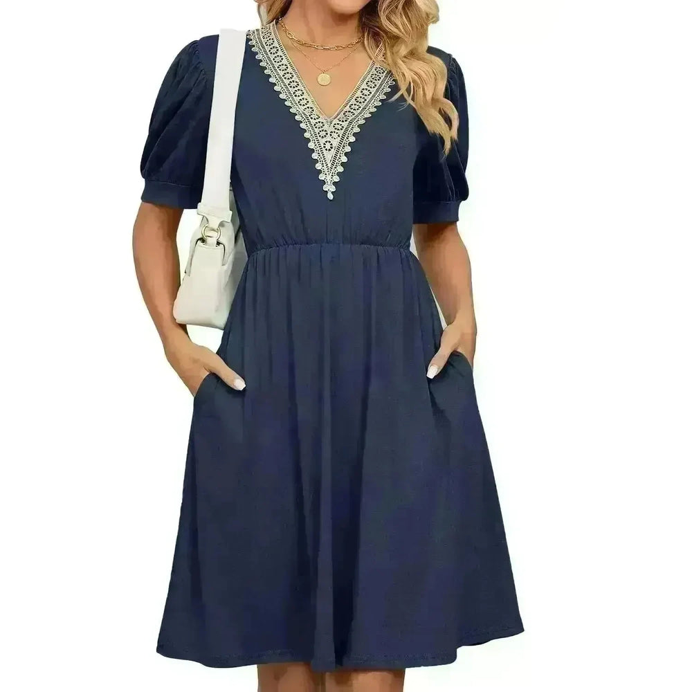 Solid Color Lace V-neck Patchwork Short Sleeve Pocket Waist Dress - EX-STOCK CANADA
