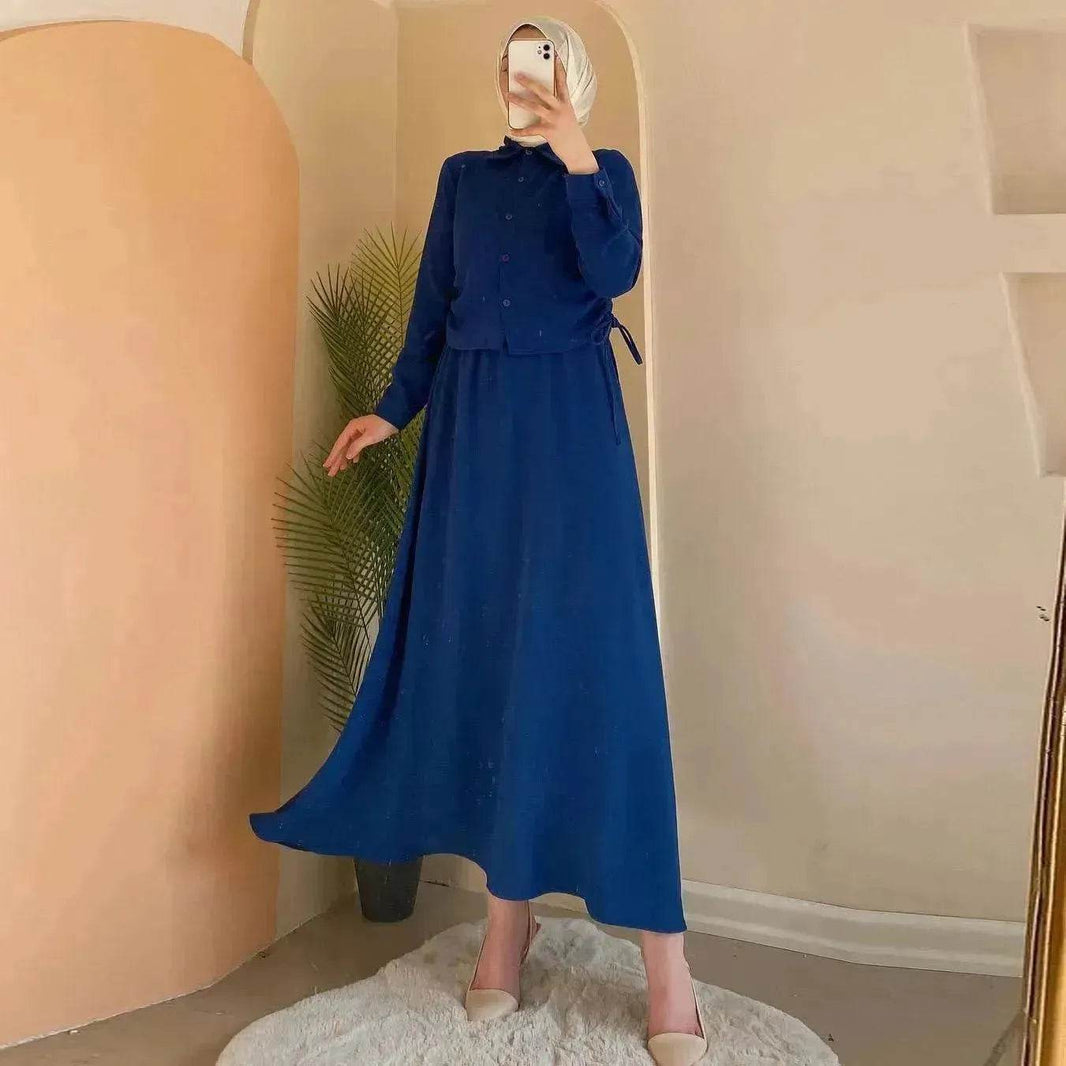 Solid Color Long Sleeve Skirt Suit for Elegant Arab Dubai Turkey Middle Eastern Women Abaya Dress - EX-STOCK Canada
