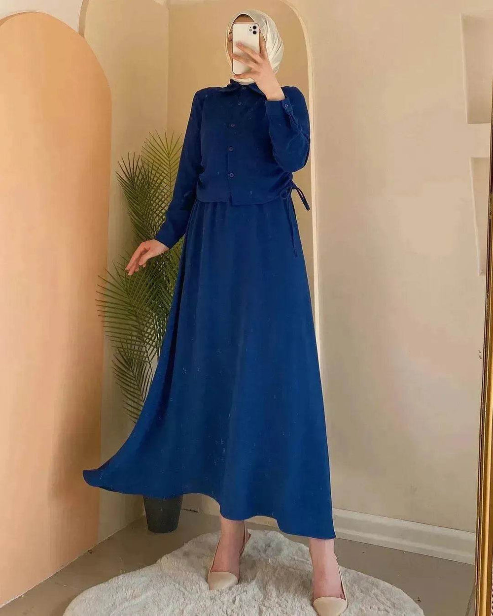Solid Color Long Sleeve Skirt Suit for Elegant Arab Dubai Turkey Middle Eastern Women Abaya Dress - EX-STOCK Canada