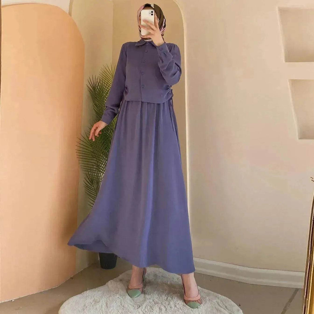 Solid Color Long Sleeve Skirt Suit for Elegant Arab Dubai Turkey Middle Eastern Women Abaya Dress - EX-STOCK Canada