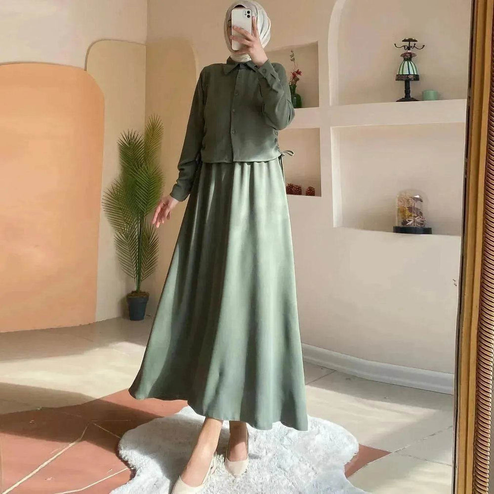Solid Color Long Sleeve Skirt Suit for Elegant Arab Dubai Turkey Middle Eastern Women Abaya Dress - EX-STOCK Canada