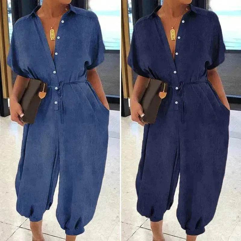 Solid Color Plus Size Casual Short Sleeve Denim Jumpsuit - EX-STOCK Canada