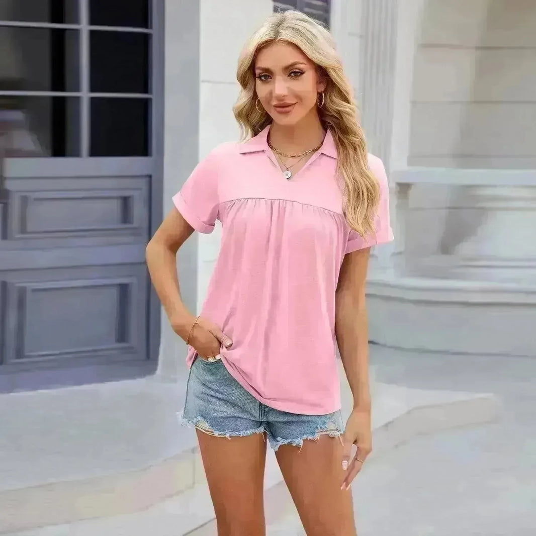 Solid Color V-neck Lapel Short-sleeved Cotton T-shirt Summer Loose Top Women - EX-STOCK CANADA