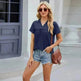 Solid Color V-neck Lapel Short-sleeved Cotton T-shirt Summer Loose Top Women - EX-STOCK CANADA