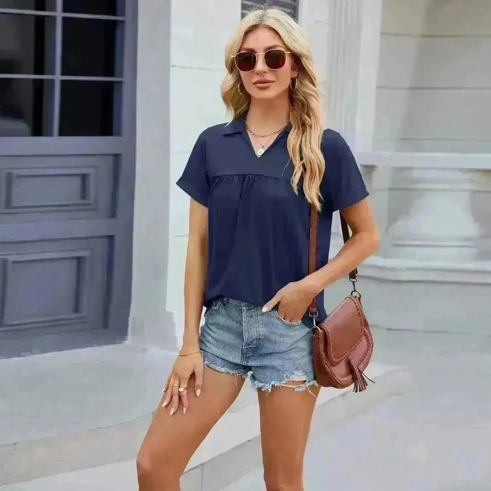 Solid Color V-neck Lapel Short-sleeved Cotton T-shirt Summer Loose Top Women - EX-STOCK CANADA