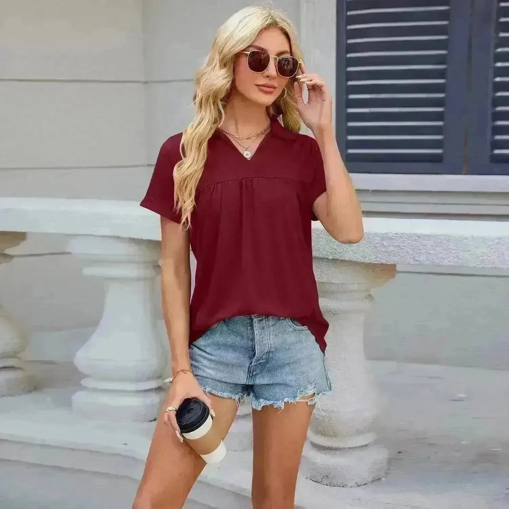 Solid Color V-neck Lapel Short-sleeved Cotton T-shirt Summer Loose Top Women - EX-STOCK CANADA