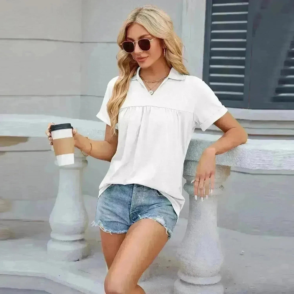 Solid Color V-neck Lapel Short-sleeved Cotton T-shirt Summer Loose Top Women - EX-STOCK CANADA