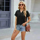 Solid Color V-neck Lapel Short-sleeved Cotton T-shirt Summer Loose Top Women - EX-STOCK CANADA