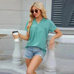 Solid Color V-neck Lapel Short-sleeved Cotton T-shirt Summer Loose Top Women - EX-STOCK CANADA