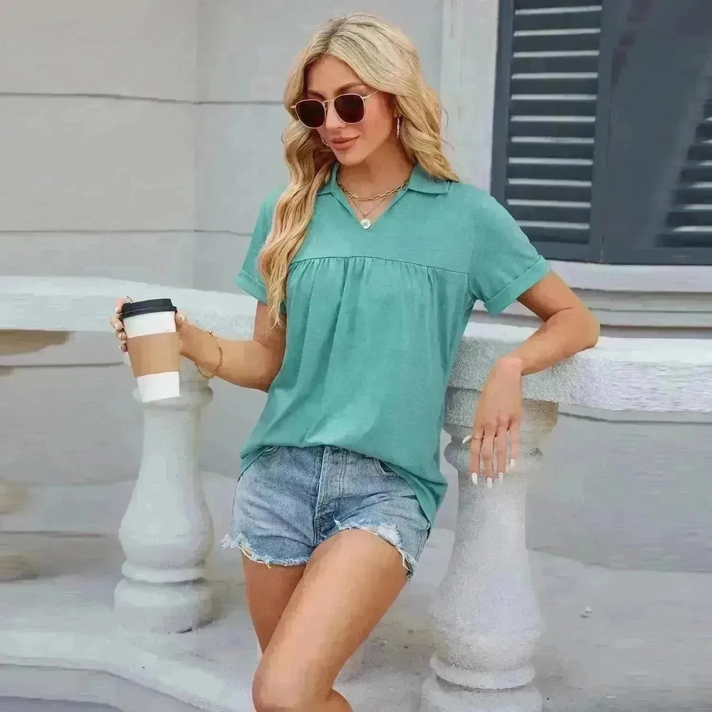 Solid Color V-neck Lapel Short-sleeved Cotton T-shirt Summer Loose Top Women - EX-STOCK CANADA