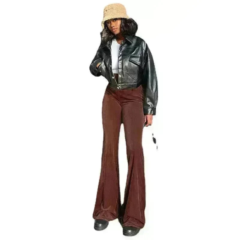 Solid Color Velvet Elastic High Waist Slimming Casual Bootcut Trousers Women - EX-STOCK CANADA